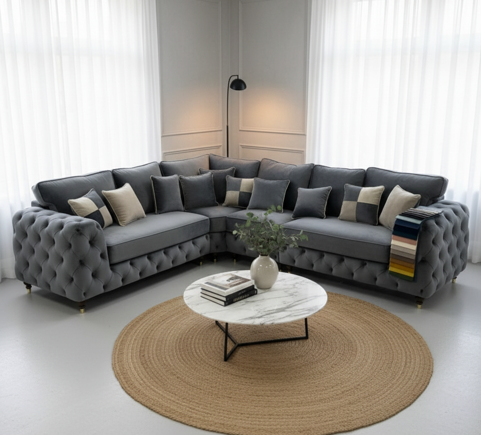 Ashton Grey Corner Sofa – Luxury Chesterfield Style Corner Couch for Modern Living Rooms