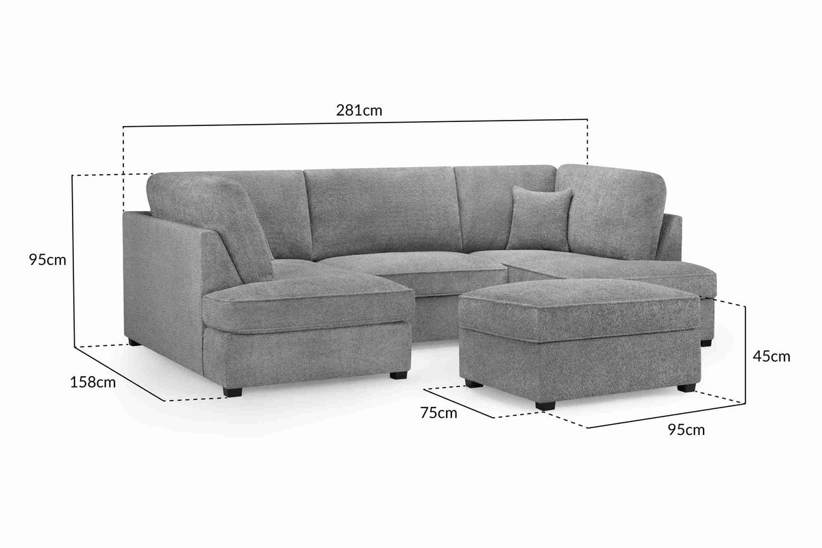 Grey Boucle U Shape Sofa UK – Carnaby Cinema Teddy Bear Fabric Corner Sofa with Footstool