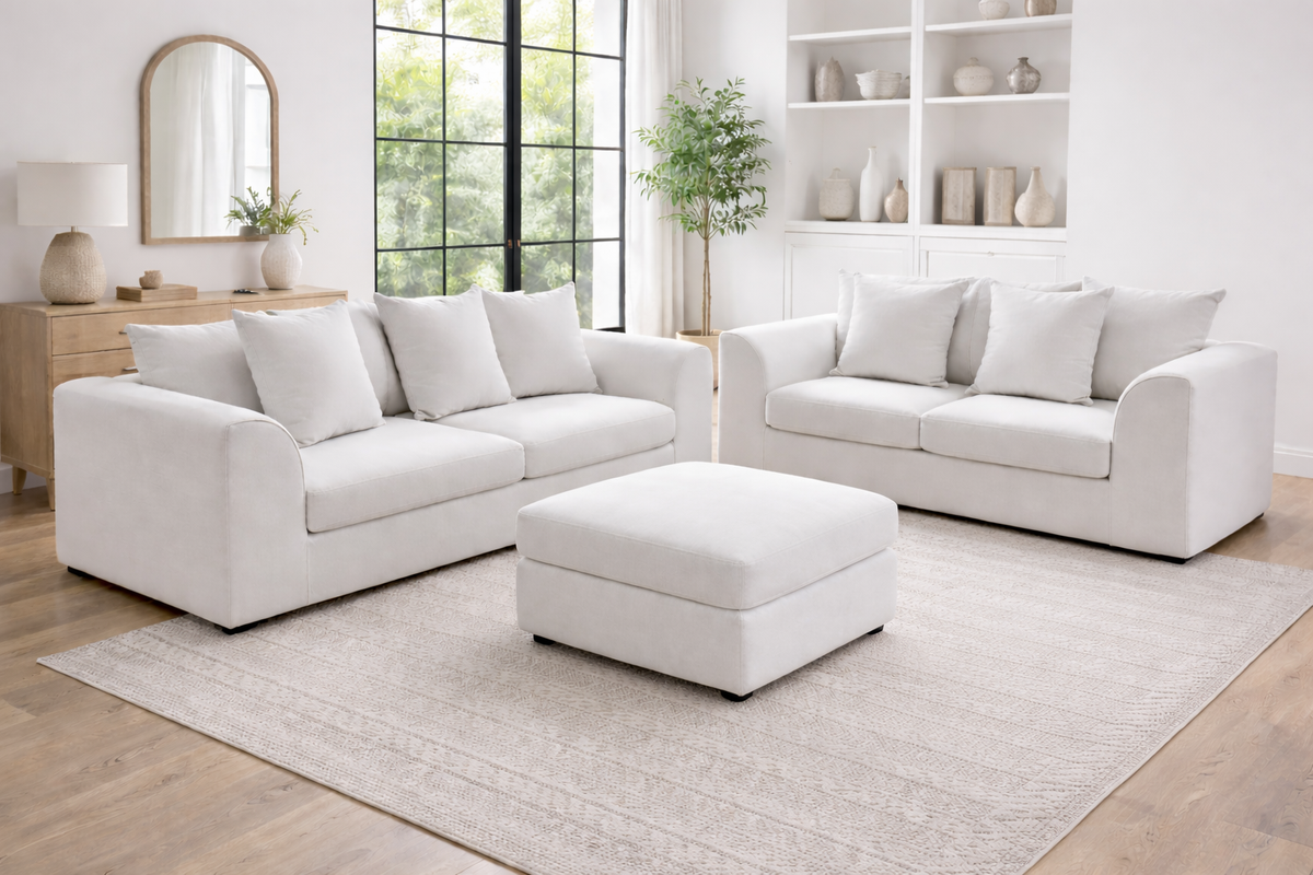 Dylon 3+2 Seater Sofa Set in Off-White with Footstool – Modern Luxury Fabric Living Room Suite
