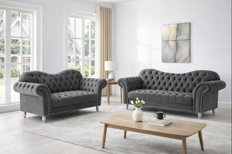 Elegance Chesterfield 3+2 Sofa Set UK | Luxury Grey Velvet Sofa Suite