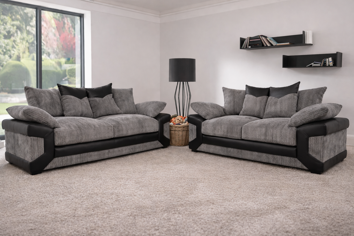 Dino 3 + 2 Seater Fabric Sofa Set – Luxury Grey & Black Family Living Room Sofa Suite UK