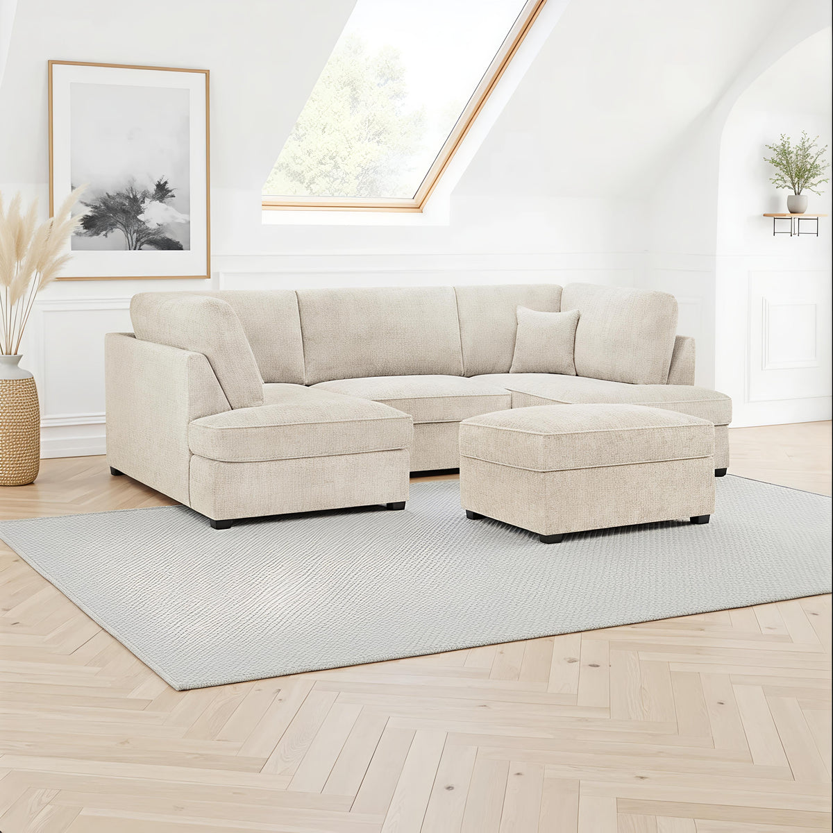 Beige Carnaby Cinema U Shape Sofa UK – Large Family Corner Sofa with Footstool