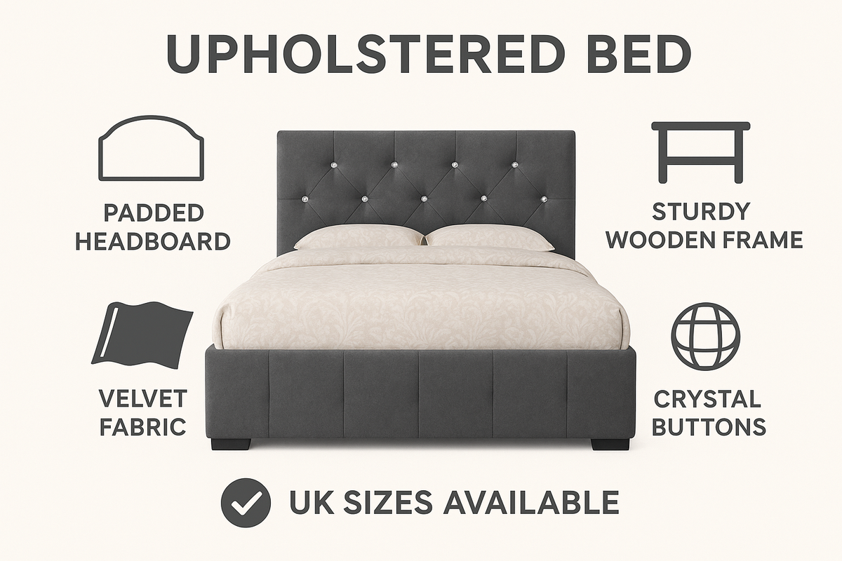 Luxury Velvet Bed Frame UK – Plush Upholstered Bed with Diamond Button Detailing