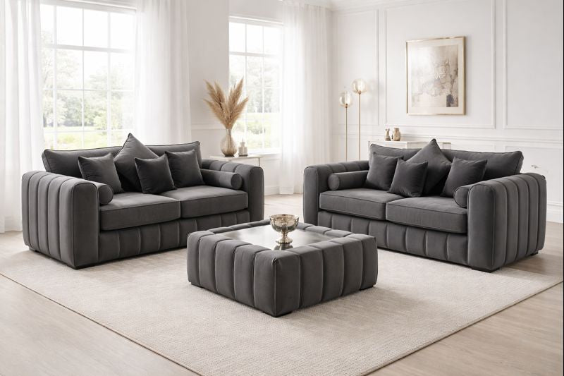 Lilly Dark Grey 3+2 Seater Sofa Set with Matching Coffee Table – Luxury Velvet Living Room Furniture