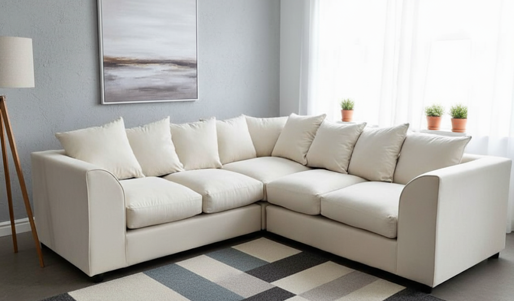Dylon 5 Seater Corner Sofa – Cream Fabric Corner Couch for Modern Living Rooms