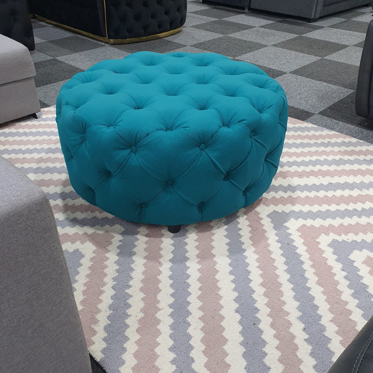 Chesterfield Style Round Blue Footstool () LTD
