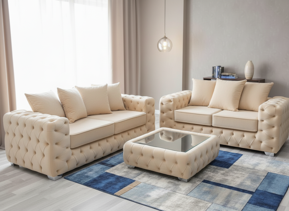 Ashton Chesterfield 3+2 Seater Sofa Set – Luxury Velvet Sofa Suite in Cream, Navy, Silver & Mink