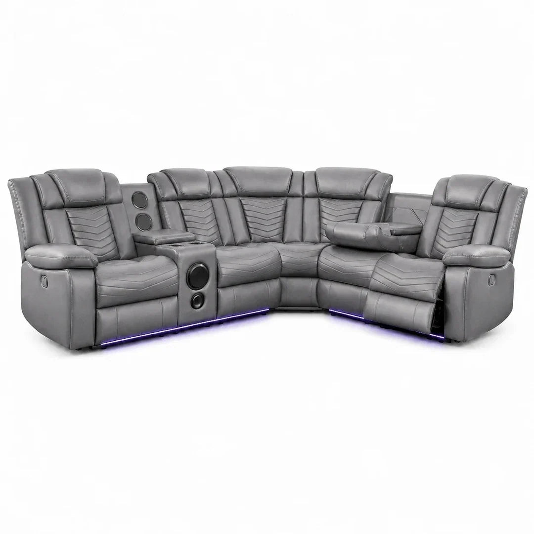 Michigan Music Leather Electric Recliners Corner Sofa + Cupholders -Black /Grey