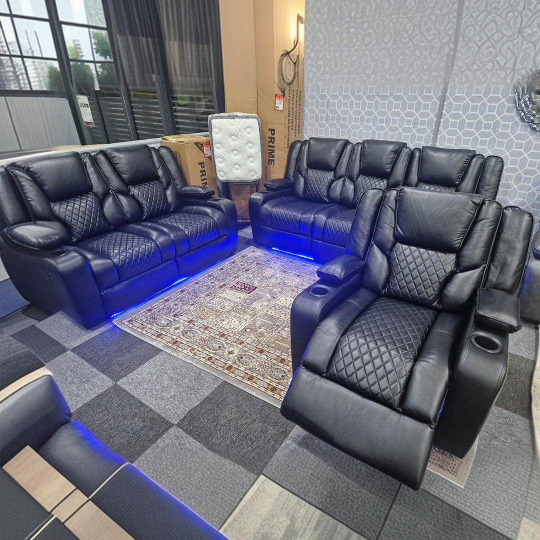 Orlando Electric Recliners 3+2 Seater Leather Sofa (Black, Grey) /LED LIGHTS/WIRELESS CHARGER