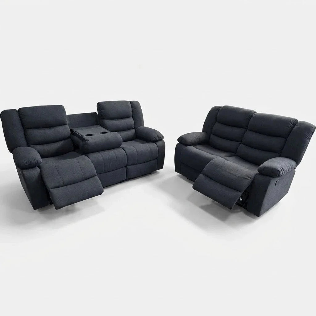 Roma Fabric Reclining Sofa, Grey Fabric, 3+2 Seater with Cup Holders