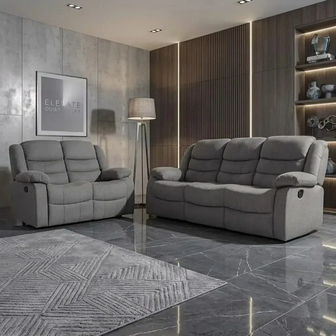 Roma Fabric Reclining Sofa, Grey Fabric, 3+2 Seater with Cup Holders