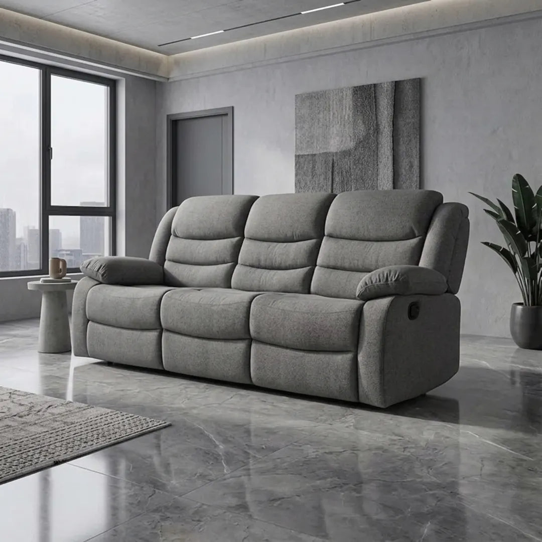 Roma Fabric Reclining Sofa, Grey Fabric, 3+2 Seater with Cup Holders