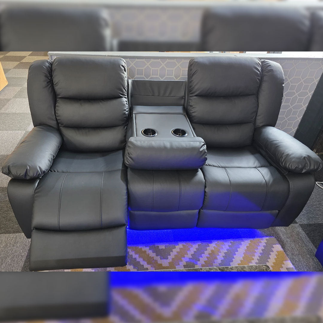 Ltd Roma leather electric recliner 3+2 seater sofa with cupholders in black and grey upholstery.