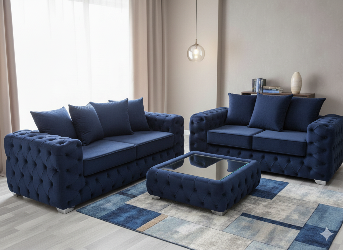 Ashton Chesterfield 3+2 Seater Sofa Set – Luxury Velvet Sofa Suite in Cream, Navy, Silver & Mink