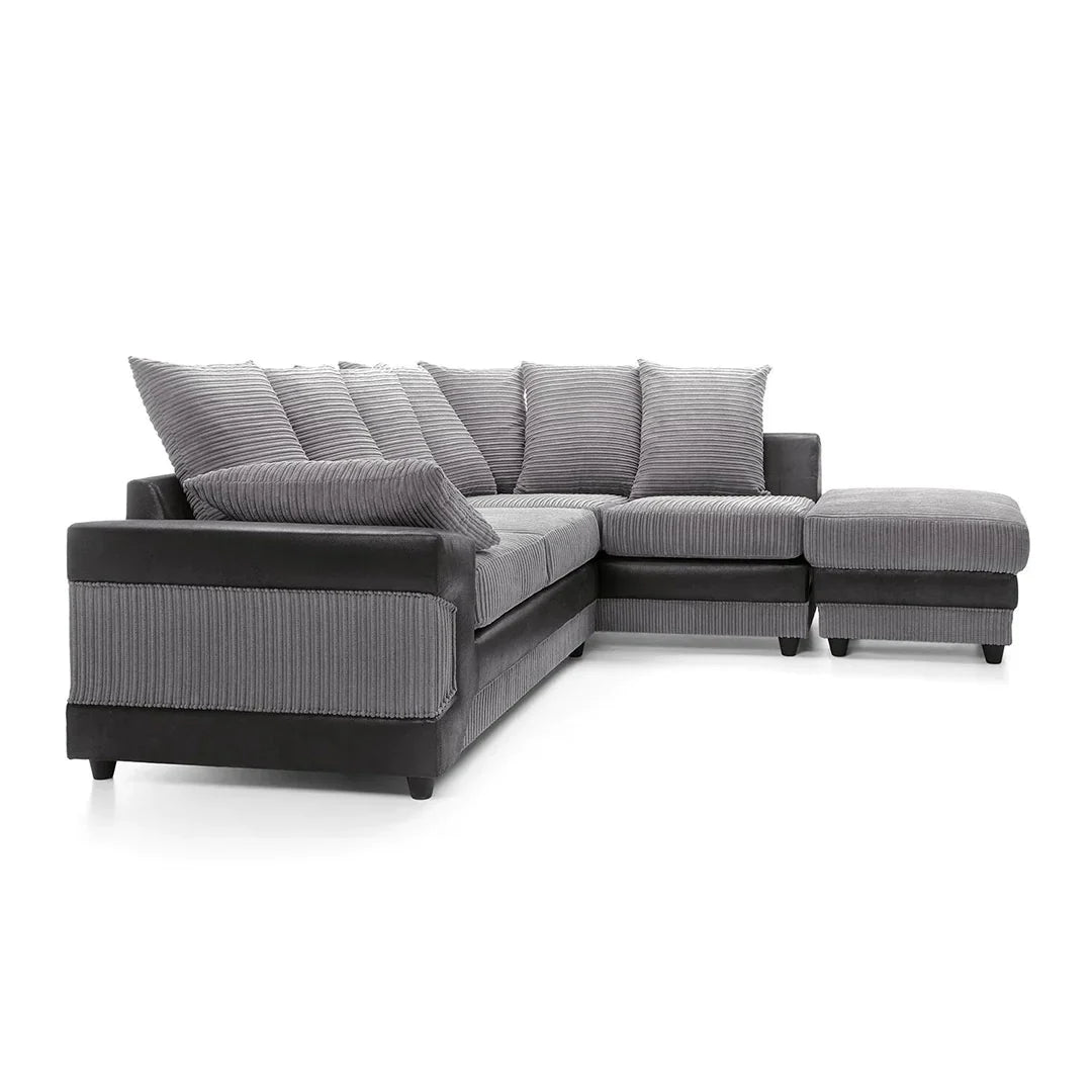 Large grey corner sofa LARGE-DINO-CORNER-SOFA-GREY-BLACK-LEFT-HAND-SIDE-FOAM. Fire resistant as per British Standards, foam filled seats for comfort.