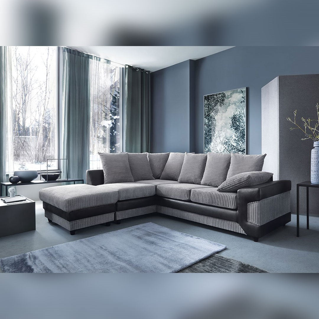 Large grey corner sofa LARGE-DINO-CORNER-SOFA-GREY-BLACK-LEFT-HAND-SIDE-FOAM. Fire resistant as per British Standards, foam filled seats for comfort.