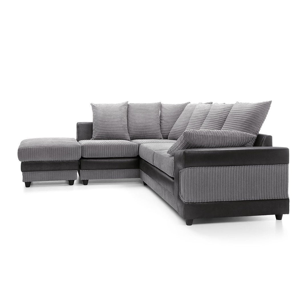Large grey corner sofa LARGE-DINO-CORNER-SOFA-GREY-BLACK-LEFT-HAND-SIDE-FOAM. Fire resistant as per British Standards, foam filled seats for comfort.