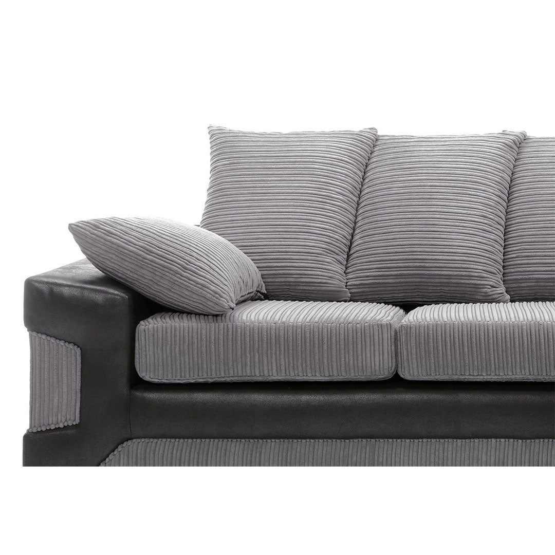 Large grey corner sofa LARGE-DINO-CORNER-SOFA-GREY-BLACK-LEFT-HAND-SIDE-FOAM. Fire resistant as per British Standards, foam filled seats for comfort.
