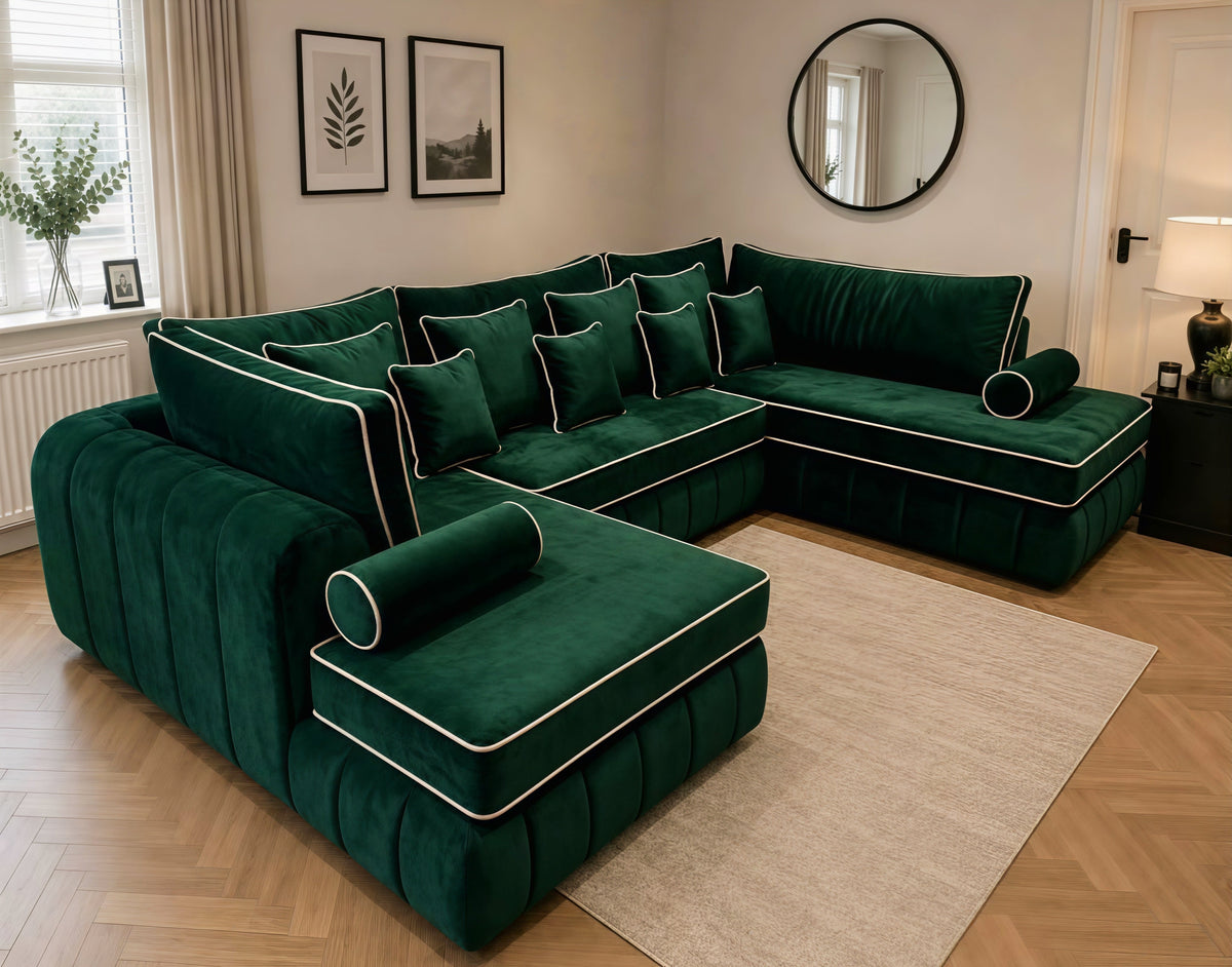 Lilly U-Shape Sofa with PremiumHandcrafted Piping | Luxury Fabric Corner Sofa UK