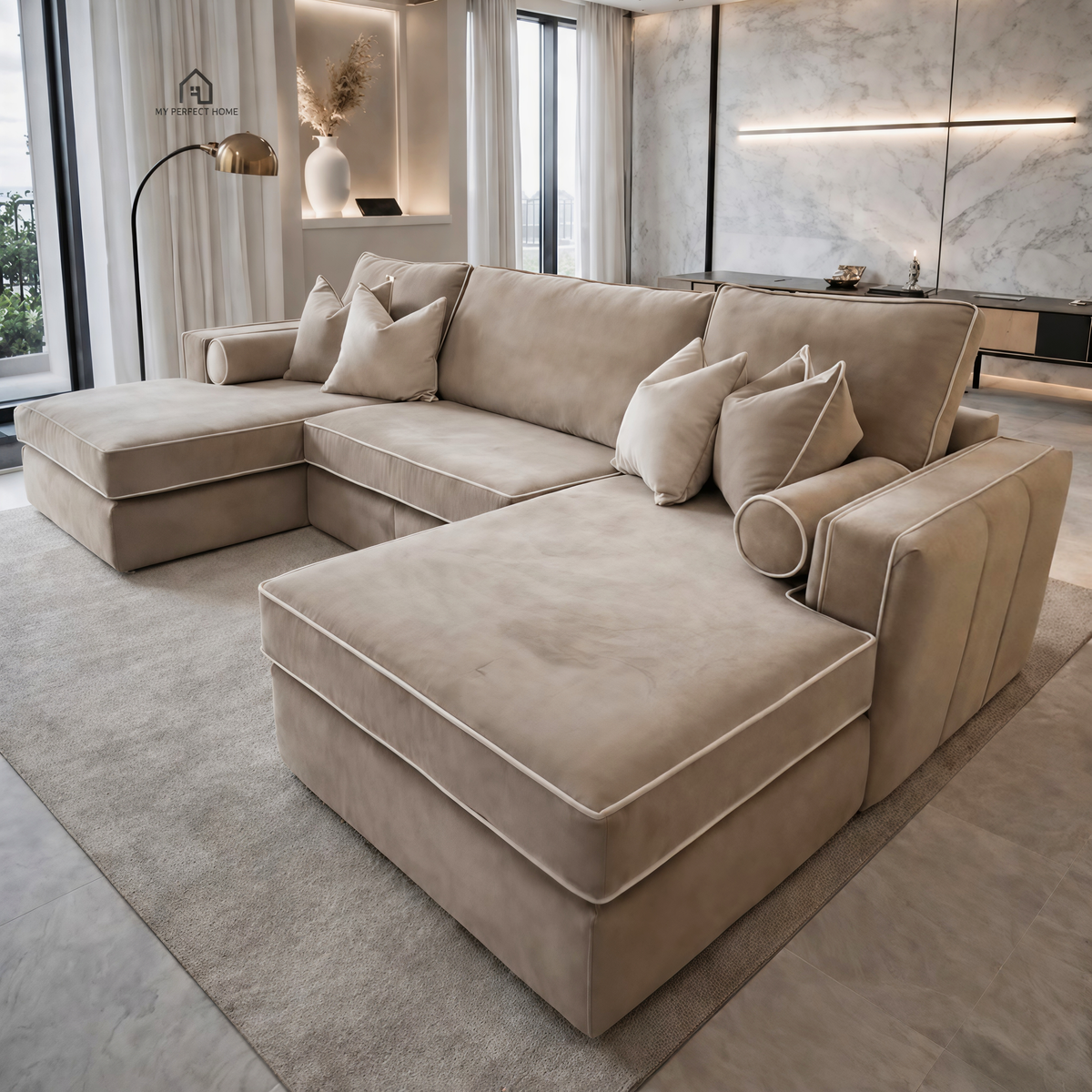 Lilly U-Shape Sofa with PremiumHandcrafted Piping | Luxury Fabric Corner Sofa UK