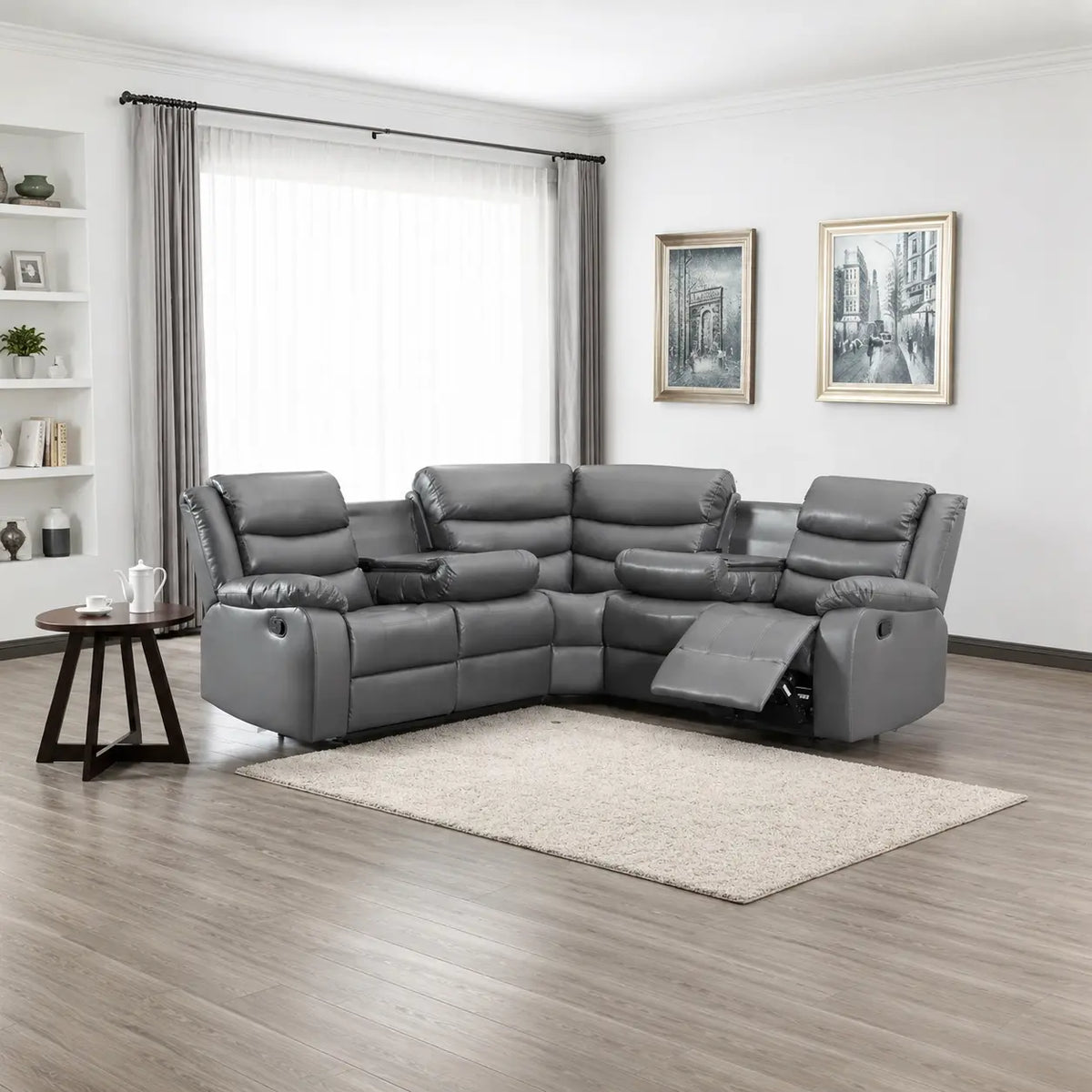 Roma Grey Leather Recliner Corner Sofa With Cup Holders