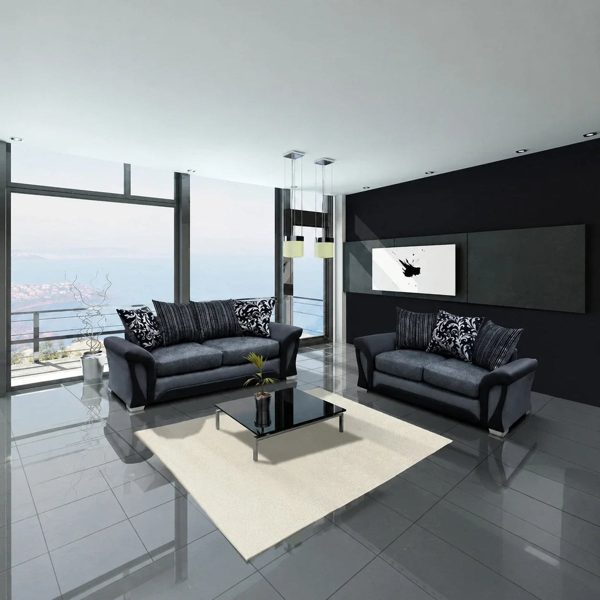 Shannon Fabric 3 + 2 Seaters Luxuries Sofa in Black & Grey