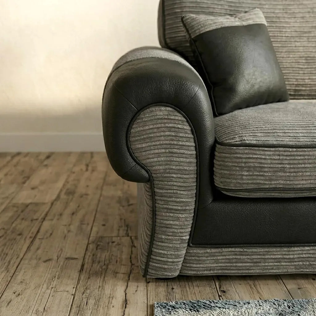Tango 3+2 Seater Sofa Set – Jumbo Cord Fabric with Leather Detail Grey & Brown