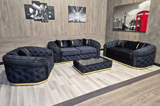 Luxurious Black Velvet Chesterfield Sofa Set – Premium Gold Accent Collection