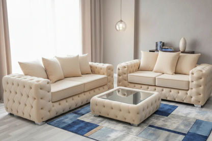 Ashton Chesterfield 3+2 Seater Sofa Set – Luxury Velvet Sofa Suite in Cream, Navy, Silver & Mink