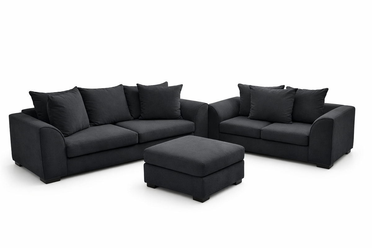 Dylon 3+2 Seater Sofa Set with Footstool – Modern Black Fabric Living Room Suite