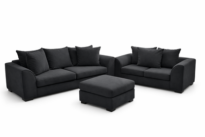 Dylon 3+2 Seater Sofa Set with Footstool – Modern Black Fabric Living Room Suite
