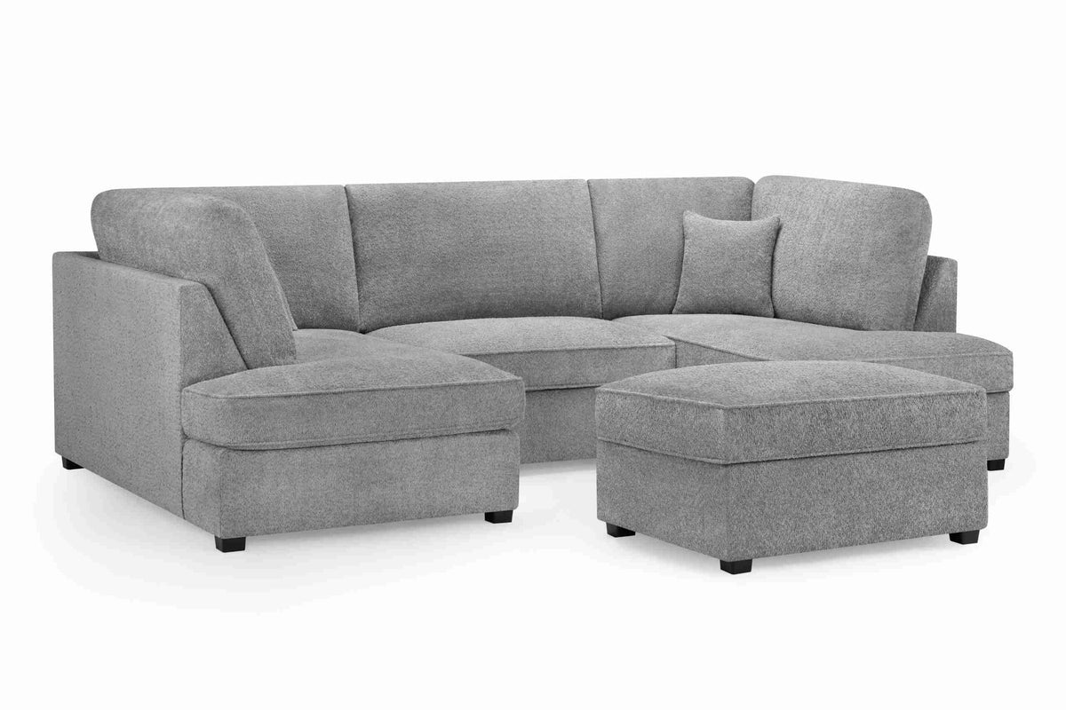 Grey Boucle U Shape Sofa UK – Carnaby Cinema Teddy Bear Fabric Corner Sofa with Footstool