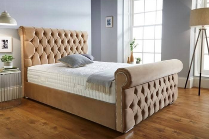 Chesterfield Scroll Wingback Velvet Bed – Camel Beige