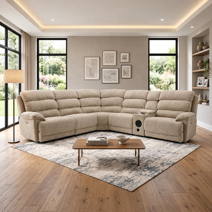 Lakeland Fabric Recliner Corner Sofa, Light Grey, Upholstered with Storage Console| Electric| Bluetooth Fabric