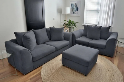 Dylon 3+2 Seater Sofa Set with Footstool – Modern Black Fabric Living Room Suite