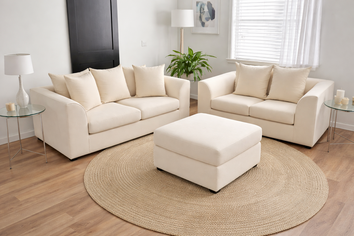 Dylon 3+2 Seater Sofa Set in Cream with Footstool – Luxury Fabric Living Room Suite