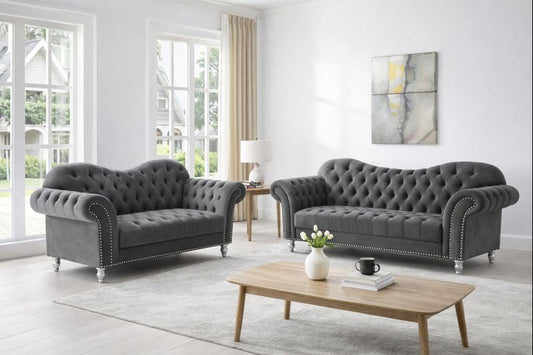 Elegance Chesterfield 3+2 Sofa Set UK | Luxury Grey Velvet Sofa Suite