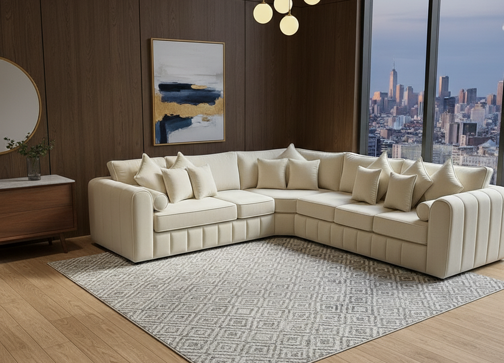 Lilly 5 Seater Corner Sofa – Luxury Family Corner Sofa in Silver, Cream Velvet & Navy