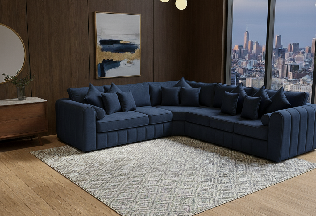 Lilly 5 Seater Corner Sofa – Luxury Family Corner Sofa in Silver, Cream Velvet & Navy