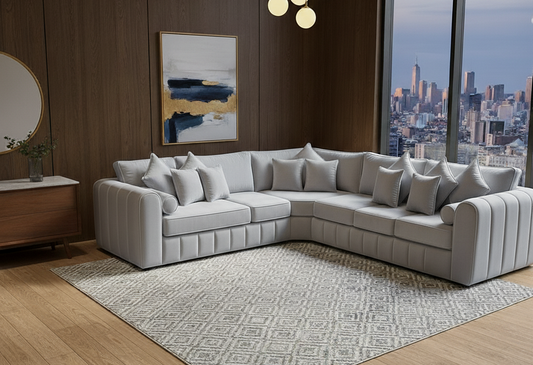 Lilly 5 Seater Corner Sofa – Luxury Family Corner Sofa in Silver, Cream Velvet & Navy