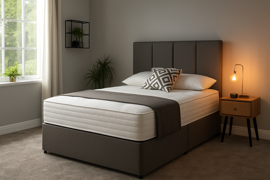 Grey Divan Bed with Mattress UK – Upholstered Headboard & Storage Options
