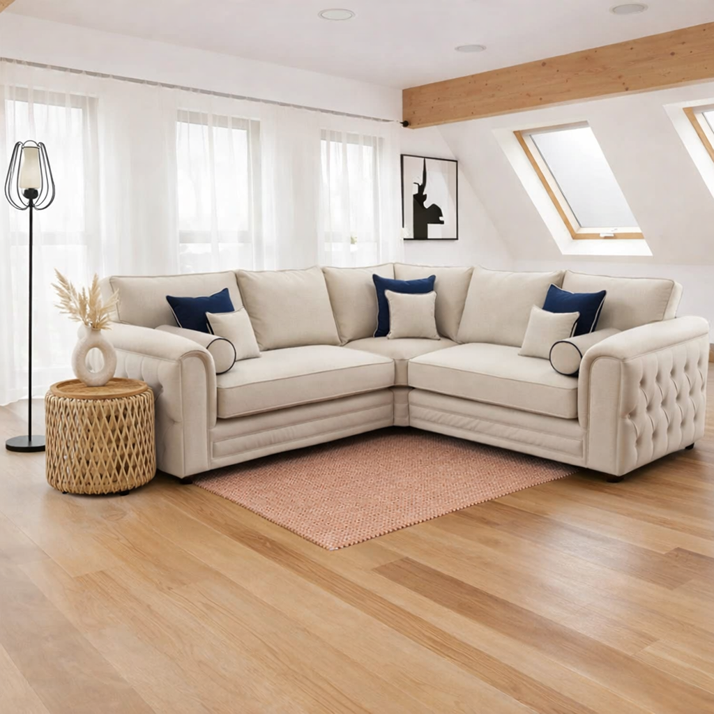 Harrison Corner Sofa in Cream – Luxury Chesterfield Style Corner Sofa for Modern Living Rooms