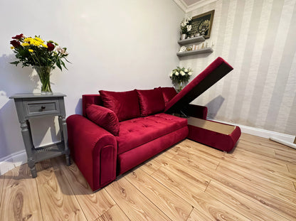 Luxury Berlin Corner Sofa Bed UK – Maroon L Shape Pull Out Sofa with Storage | Left & Right Facing