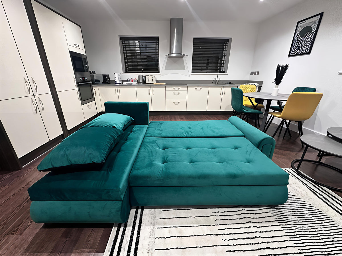 Berlin Universal Corner Sofa Bed with Storage – Teal – Left or Right Facing – Modern Convertible Sofa Bed UK