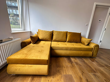 Luxury Mustard Gold Sofa Bed UK – Berlin Corner Sofa with Storage & Pull Out Bed