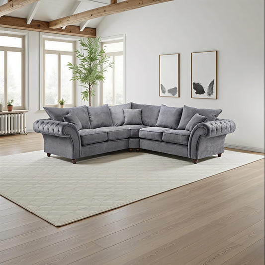 Verona Charcoal Plush Corner Sofa UK – Luxury Chesterfield Style Scatterback Corner Sofa for Modern Living Rooms