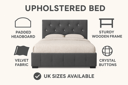 Luxury Velvet Bed Frame UK – Plush Upholstered Bed with Diamond Button Detailing