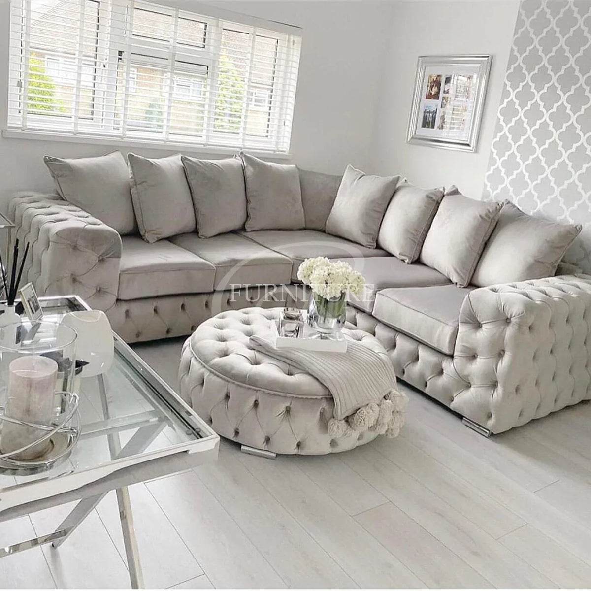 Ashton Chesterfield Cream Plush Velvet 7 Seater Corner Sofa – Luxury Large Family Corner Couch UK