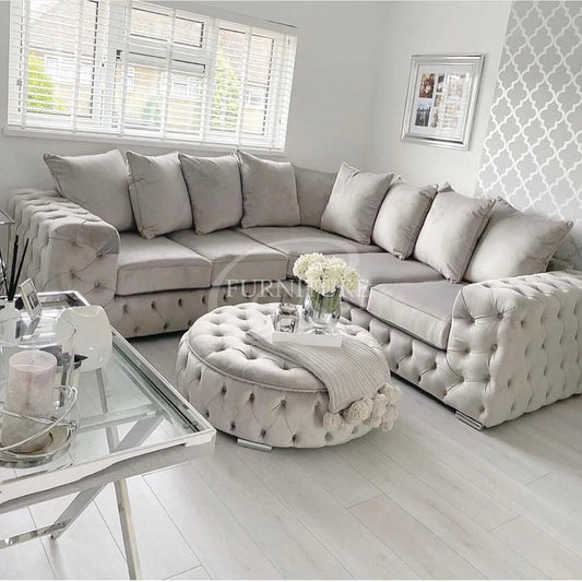Ashton Chesterfield Cream Plush Velvet 7 Seater Corner Sofa – Luxury Large Family Corner Couch UK