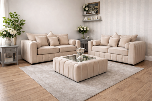 Lilly Beige 3+2 Seater Sofa Set with Matching Coffee Table – Luxury Velvet Living Room Furniture